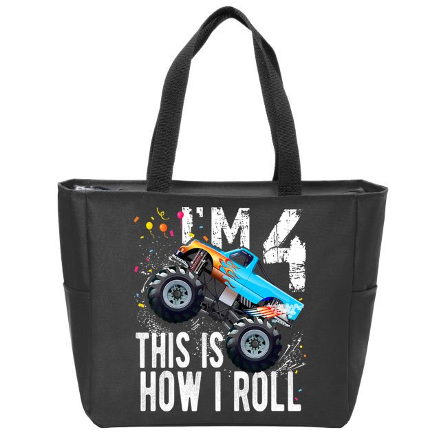 4 Year Old Gift Cool 4th Birthday Boy Gift For Monster Truck Car Lovers Zip Tote Bag