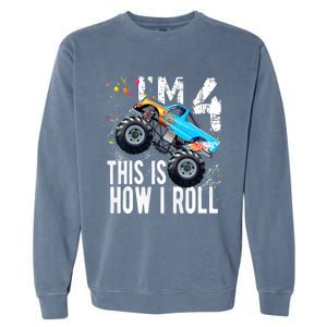 4 Year Old Gift Cool 4th Birthday Boy Gift For Monster Truck Car Lovers Garment-Dyed Sweatshirt