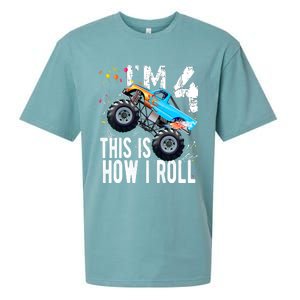 4 Year Old Gift Cool 4th Birthday Boy Gift For Monster Truck Car Lovers Sueded Cloud Jersey T-Shirt