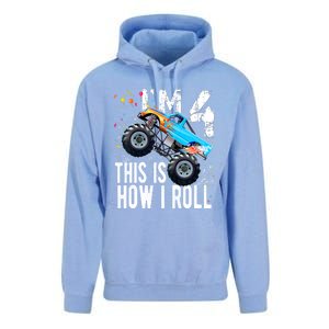 4 Year Old Gift Cool 4th Birthday Boy Gift For Monster Truck Car Lovers Unisex Surf Hoodie