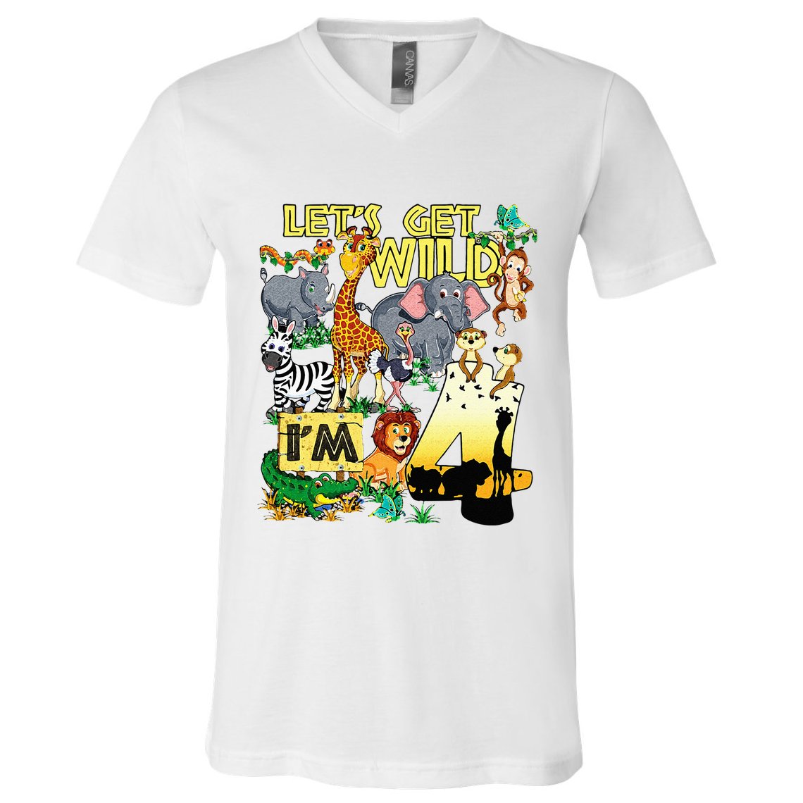 4 Year Old Zoo Safari Birthday Party Tee Lets Get Wild Im 4 V-Neck T-Shirt