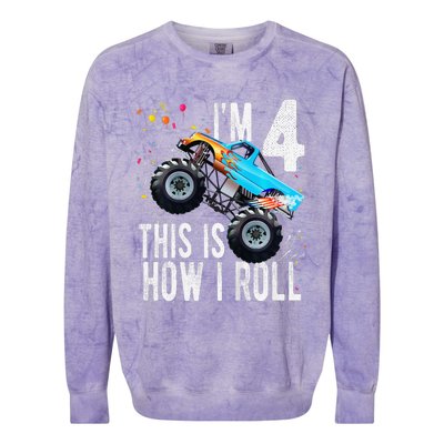 4 Year Old 4th Birthday Boy Monster Truck Car Colorblast Crewneck Sweatshirt