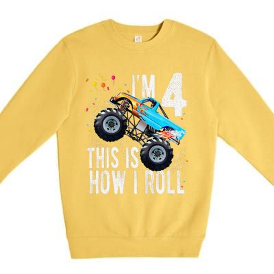 4 Year Old 4th Birthday Boy Monster Truck Car Premium Crewneck Sweatshirt