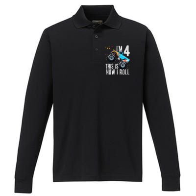 4 Year Old 4th Birthday Boy Monster Truck Car Performance Long Sleeve Polo