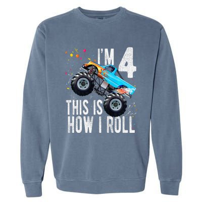 4 Year Old 4th Birthday Boy Monster Truck Car Garment-Dyed Sweatshirt