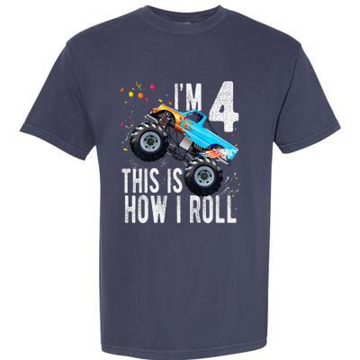 4 Year Old 4th Birthday Boy Monster Truck Car Garment-Dyed Heavyweight T-Shirt