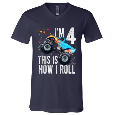 4 Year Old 4th Birthday Boy Monster Truck Car V-Neck T-Shirt