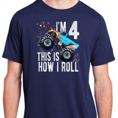 4 Year Old 4th Birthday Boy Monster Truck Car Adult ChromaSoft Performance T-Shirt