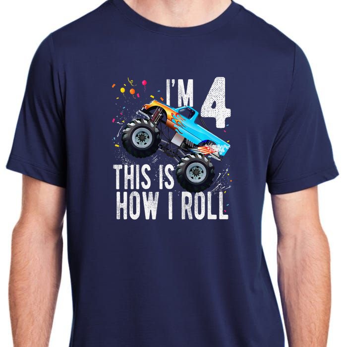 4 Year Old 4th Birthday Boy Monster Truck Car Adult ChromaSoft Performance T-Shirt