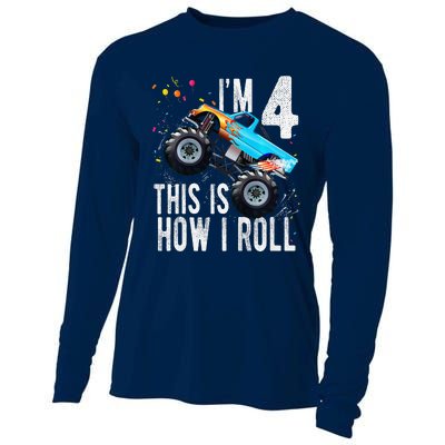 4 Year Old 4th Birthday Boy Monster Truck Car Cooling Performance Long Sleeve Crew