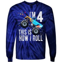 4 Year Old 4th Birthday Boy Monster Truck Car Tie-Dye Long Sleeve Shirt