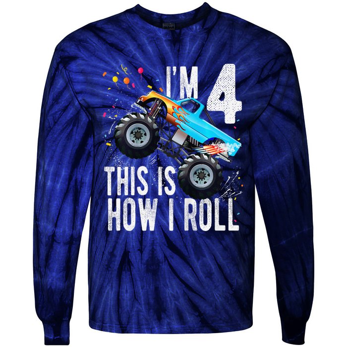 4 Year Old 4th Birthday Boy Monster Truck Car Tie-Dye Long Sleeve Shirt