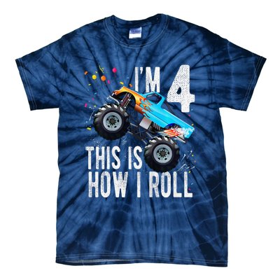 4 Year Old 4th Birthday Boy Monster Truck Car Tie-Dye T-Shirt