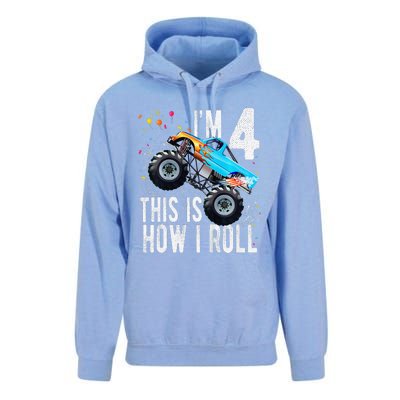 4 Year Old 4th Birthday Boy Monster Truck Car Unisex Surf Hoodie