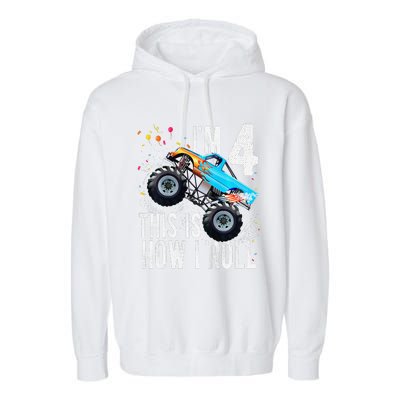 4 Year Old 4th Birthday Boy Monster Truck Car Garment-Dyed Fleece Hoodie