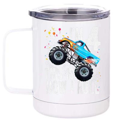 4 Year Old 4th Birthday Boy Monster Truck Car 12 oz Stainless Steel Tumbler Cup