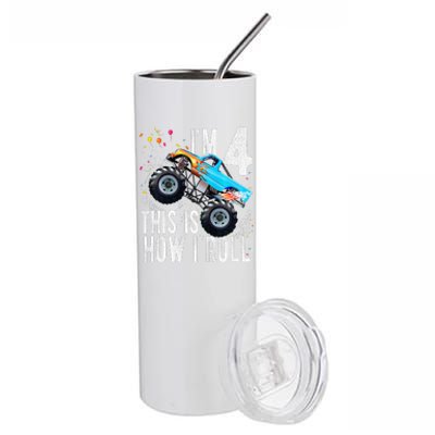 4 Year Old 4th Birthday Boy Monster Truck Car Stainless Steel Tumbler