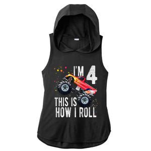 4 Year Old 4th Birthday Boy Monster Truck Car Ladies PosiCharge Tri-Blend Wicking Draft Hoodie Tank