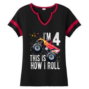 4 Year Old 4th Birthday Boy Monster Truck Car Ladies Halftime Notch Neck Tee