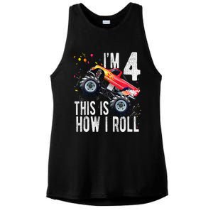 4 Year Old 4th Birthday Boy Monster Truck Car Ladies PosiCharge Tri-Blend Wicking Tank