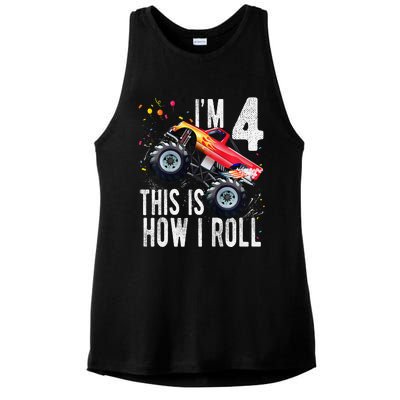 4 Year Old 4th Birthday Boy Monster Truck Car Ladies PosiCharge Tri-Blend Wicking Tank