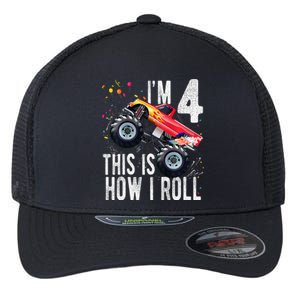 4 Year Old 4th Birthday Boy Monster Truck Car Flexfit Unipanel Trucker Cap