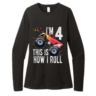 4 Year Old 4th Birthday Boy Monster Truck Car Womens CVC Long Sleeve Shirt