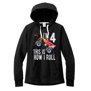 4 Year Old 4th Birthday Boy Monster Truck Car Women's Fleece Hoodie