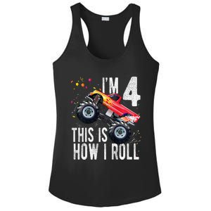 4 Year Old 4th Birthday Boy Monster Truck Car Ladies PosiCharge Competitor Racerback Tank