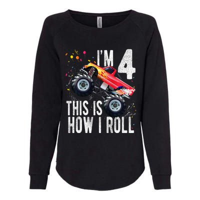 4 Year Old 4th Birthday Boy Monster Truck Car Womens California Wash Sweatshirt