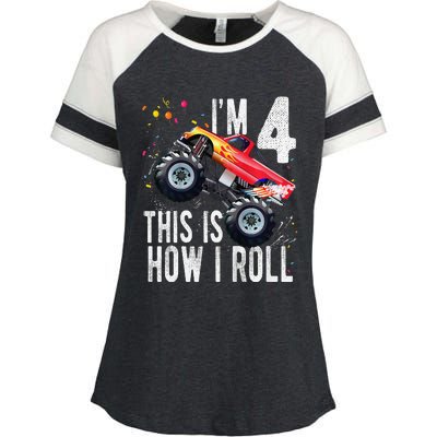 4 Year Old 4th Birthday Boy Monster Truck Car Enza Ladies Jersey Colorblock Tee