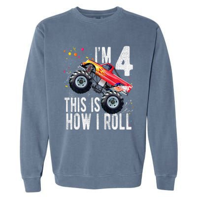 4 Year Old 4th Birthday Boy Monster Truck Car Garment-Dyed Sweatshirt