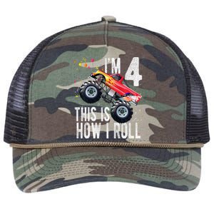 4 Year Old 4th Birthday Boy Monster Truck Car Retro Rope Trucker Hat Cap