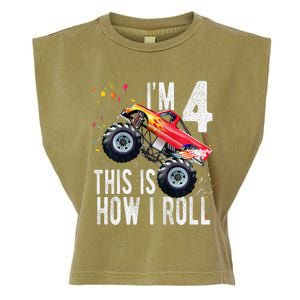 4 Year Old 4th Birthday Boy Monster Truck Car Garment-Dyed Women's Muscle Tee