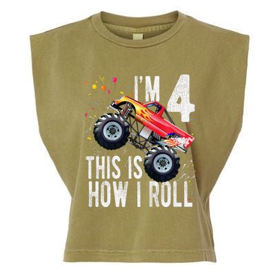 4 Year Old 4th Birthday Boy Monster Truck Car Garment-Dyed Women's Muscle Tee