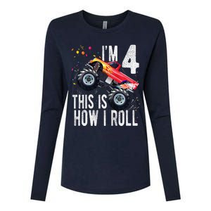 4 Year Old 4th Birthday Boy Monster Truck Car Womens Cotton Relaxed Long Sleeve T-Shirt