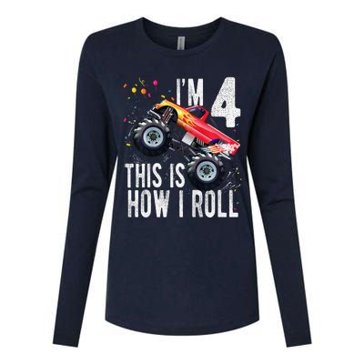 4 Year Old 4th Birthday Boy Monster Truck Car Womens Cotton Relaxed Long Sleeve T-Shirt