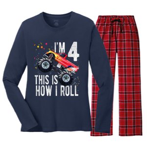 4 Year Old 4th Birthday Boy Monster Truck Car Women's Long Sleeve Flannel Pajama Set 