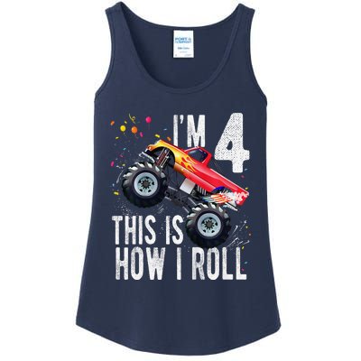 4 Year Old 4th Birthday Boy Monster Truck Car Ladies Essential Tank