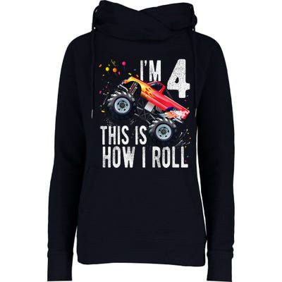 4 Year Old 4th Birthday Boy Monster Truck Car Womens Funnel Neck Pullover Hood