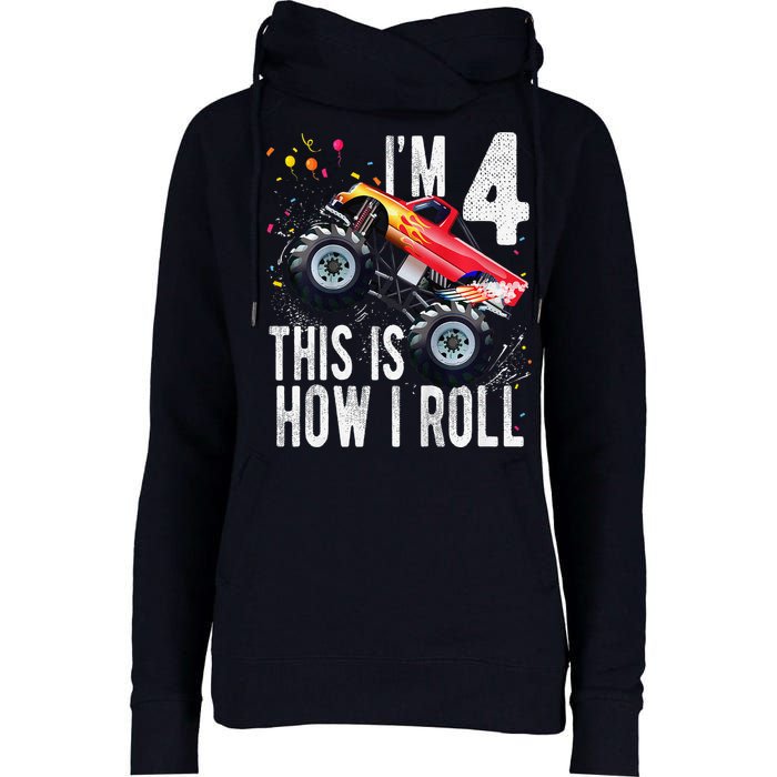 4 Year Old 4th Birthday Boy Monster Truck Car Womens Funnel Neck Pullover Hood