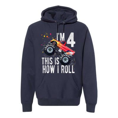 4 Year Old 4th Birthday Boy Monster Truck Car Premium Hoodie