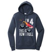 4 Year Old 4th Birthday Boy Monster Truck Car Women's Pullover Hoodie