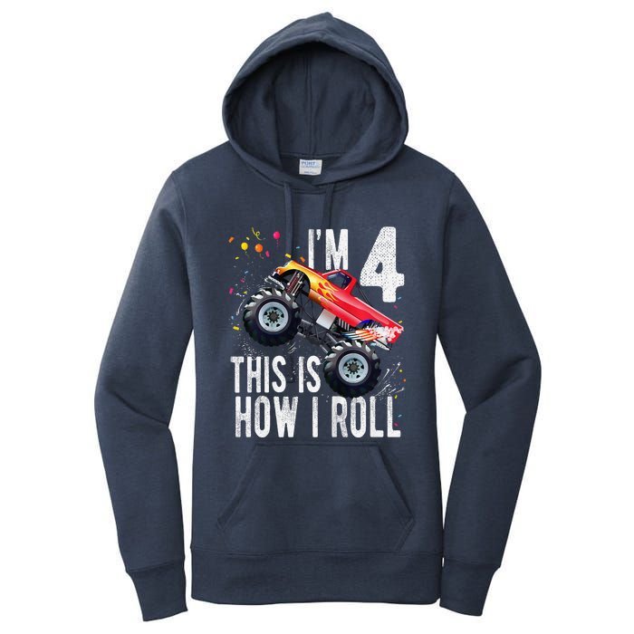 4 Year Old 4th Birthday Boy Monster Truck Car Women's Pullover Hoodie