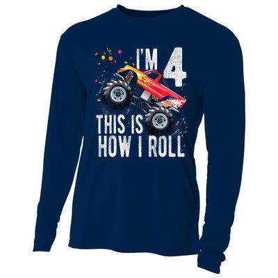 4 Year Old 4th Birthday Boy Monster Truck Car Cooling Performance Long Sleeve Crew