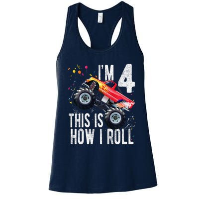 4 Year Old 4th Birthday Boy Monster Truck Car Women's Racerback Tank