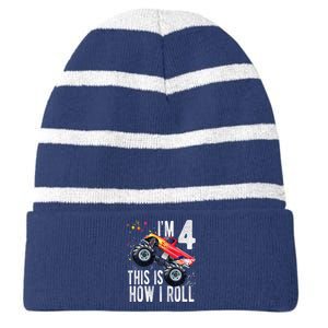 4 Year Old 4th Birthday Boy Monster Truck Car Striped Beanie with Solid Band