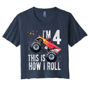 4 Year Old 4th Birthday Boy Monster Truck Car Women's Crop Top Tee