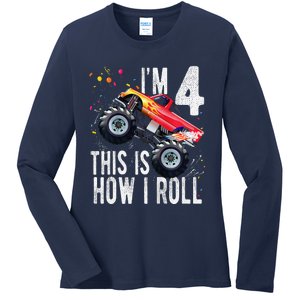 4 Year Old 4th Birthday Boy Monster Truck Car Ladies Long Sleeve Shirt