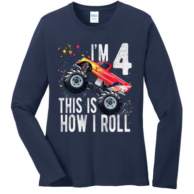 4 Year Old 4th Birthday Boy Monster Truck Car Ladies Long Sleeve Shirt